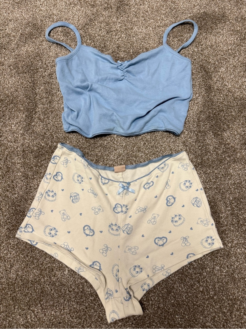 Blue Crop Cami & Printed High-Waist Shorts Sleep Set